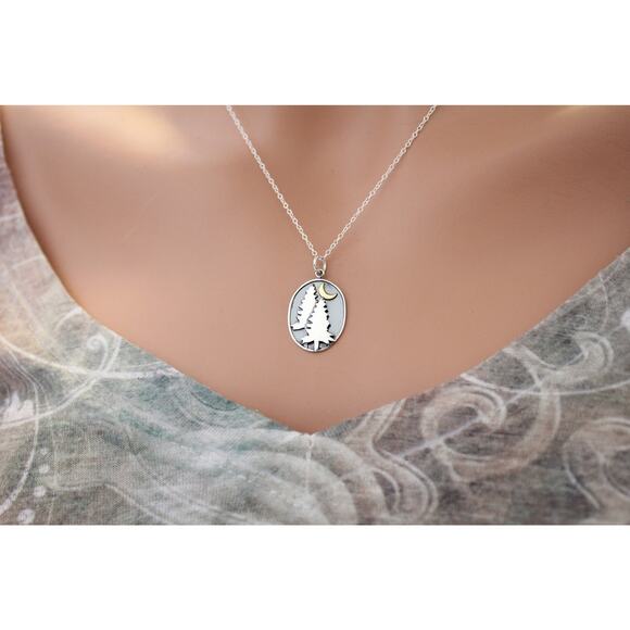 Sterling Silver Pine Tree Charm with Bronze Moon Necklace - Picture 3 of 5